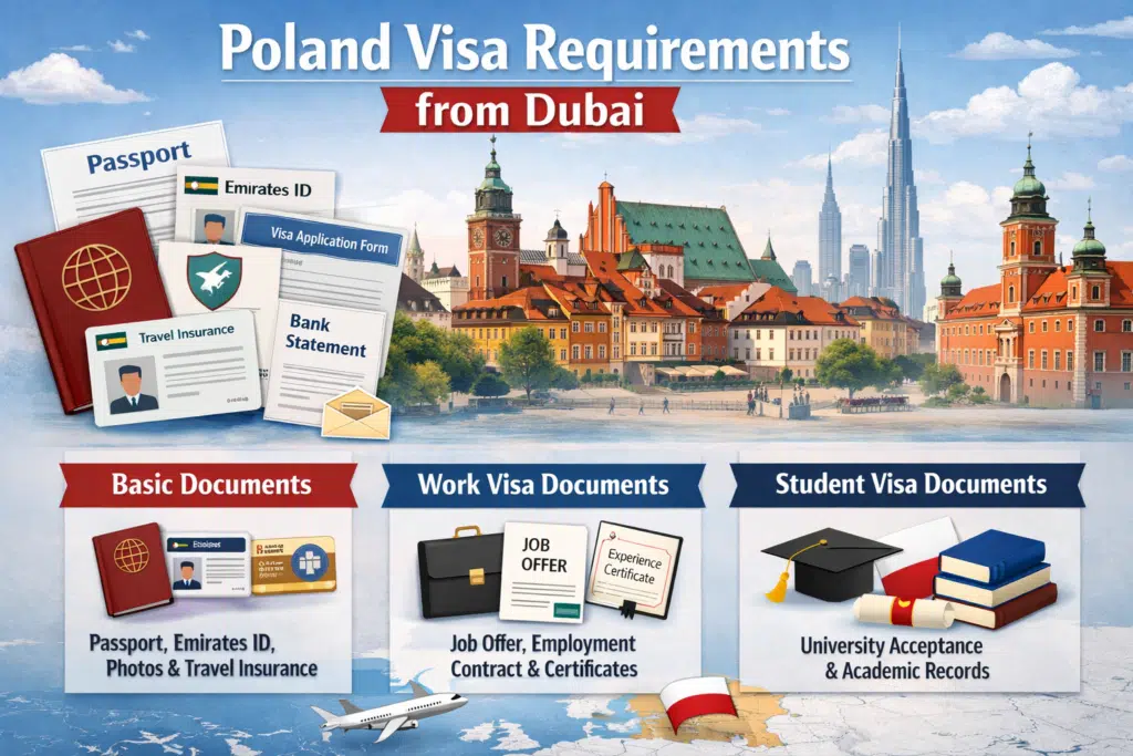 Poland Visa Requirements from Dubai image showing basic, work, and student visa documents
