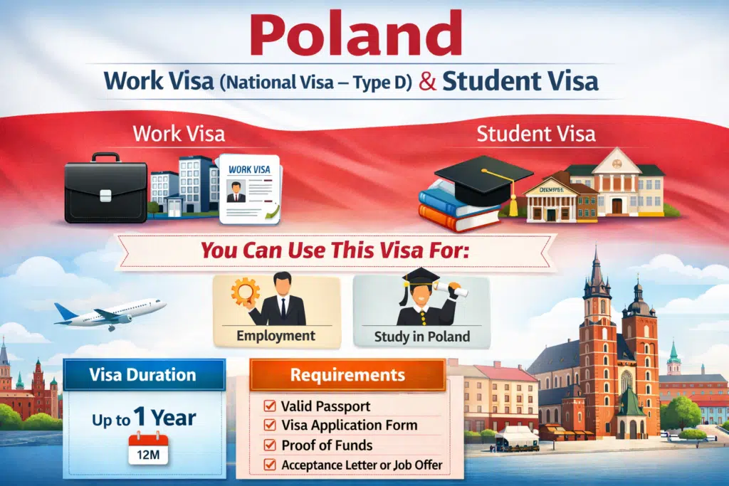 Poland Work Visa (Type D) and Student Visa image showing work and study documents, visa duration, and requirements