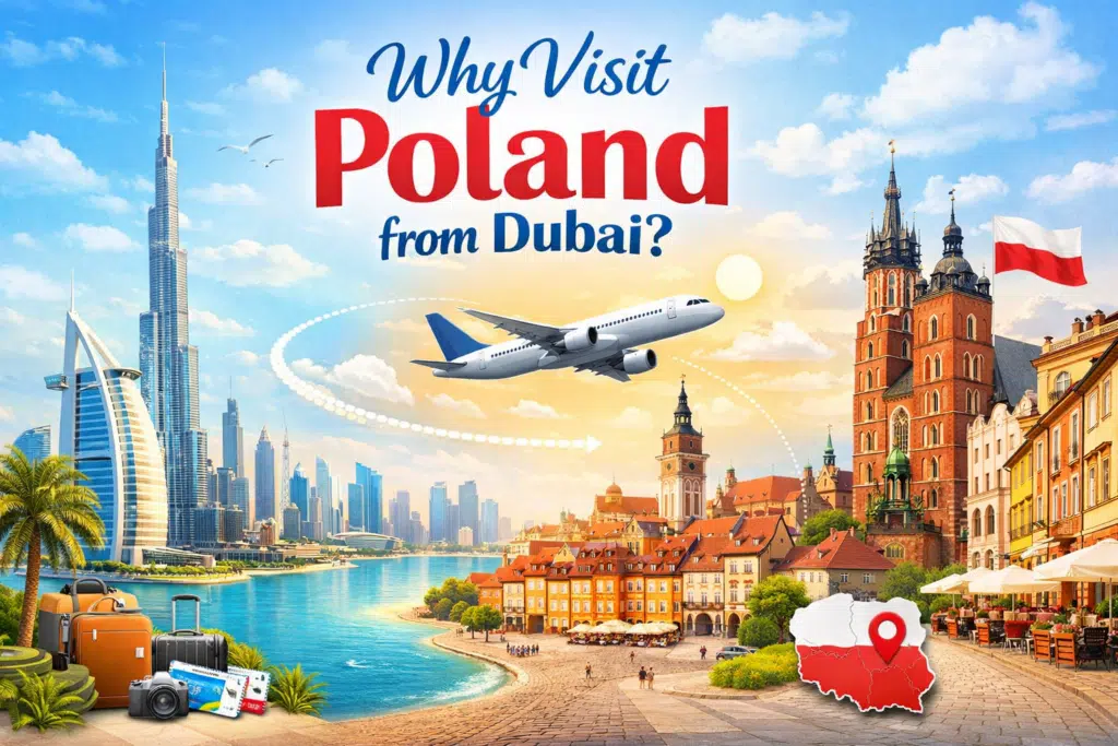 Why Visit Poland from Dubai travel image showing Dubai skyline and Poland cities with airplane travel concept